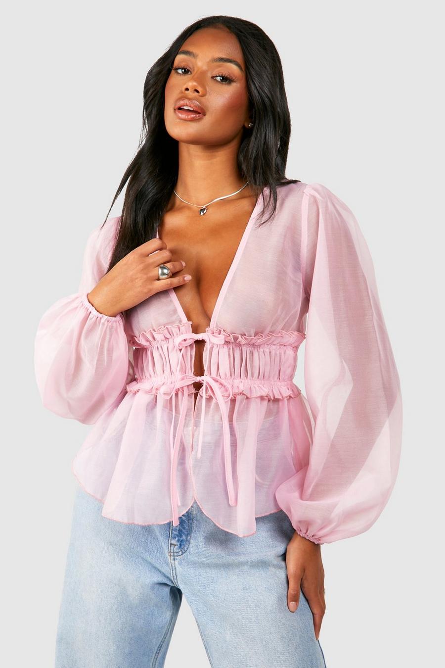 Light pink Textured Tie Puff Sleeve Blouse image number 1