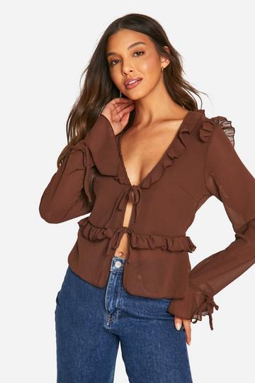 Chiffon Ruffle Tie Blouse chocolate