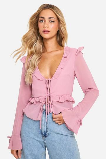 Chiffon Ruffle Tie Blouse mauve