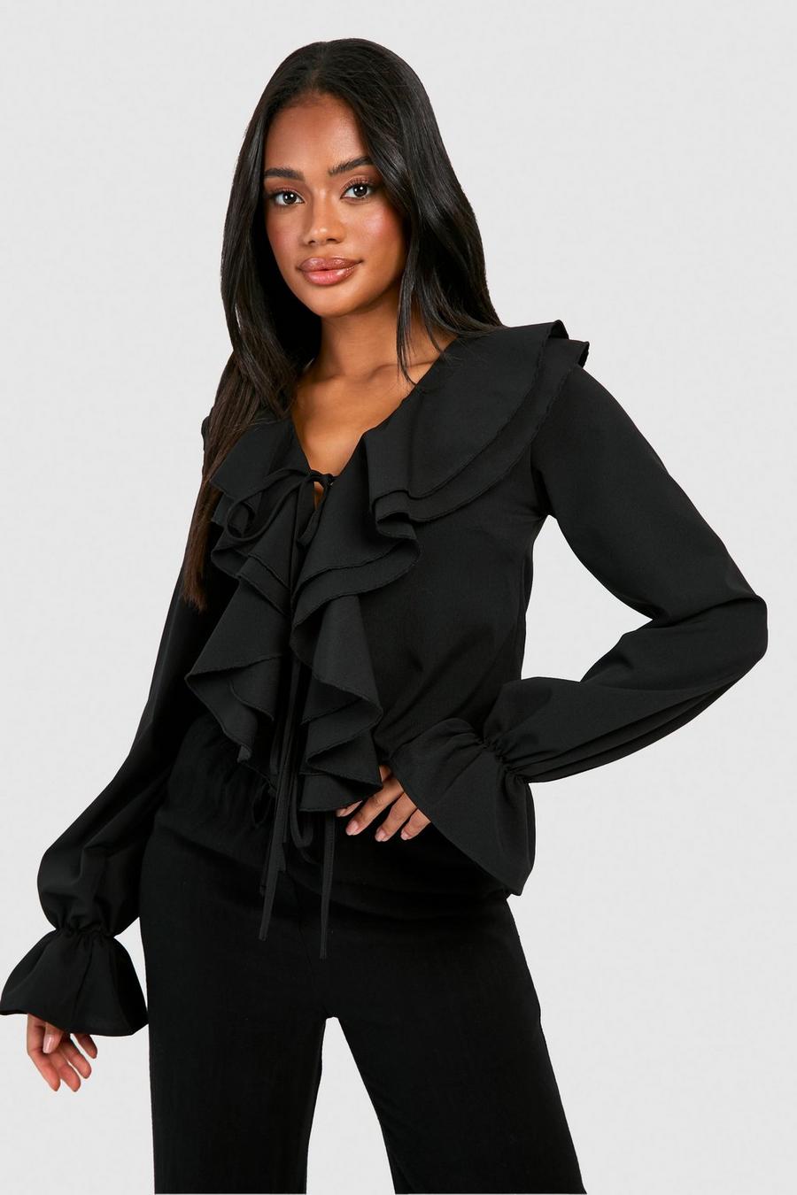 Black Ruffle Tie Front Blouse  image number 1