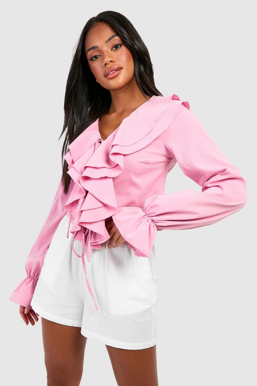 Rüschen-Bluse mit Zierknoten, Rose pink image number 1