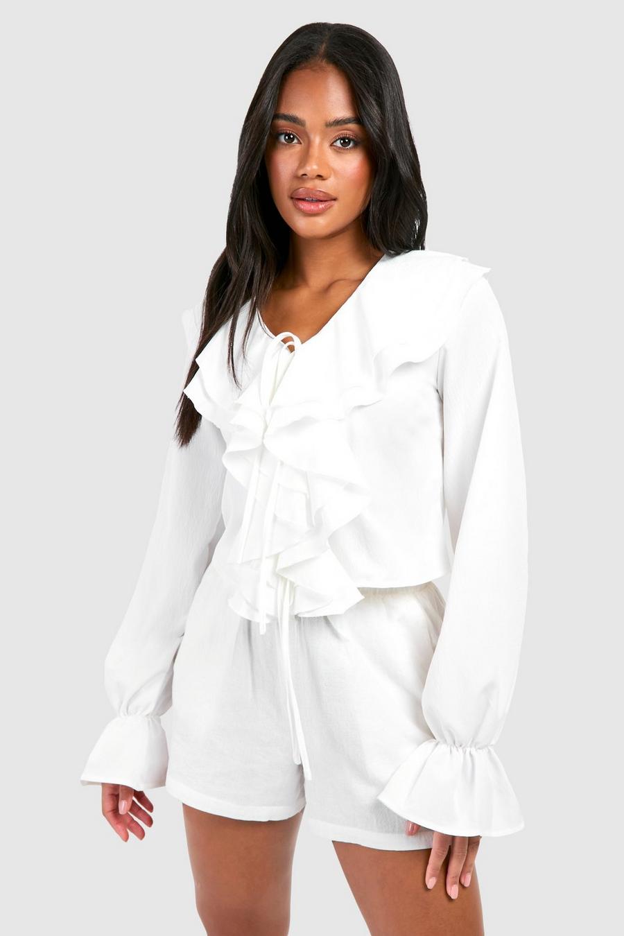 White Ruffle Tie Front Blouse  image number 1