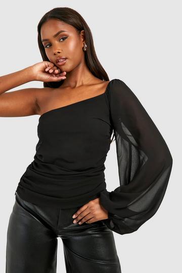 Black Chiffon Balloon Sleeve One Shoulder Top