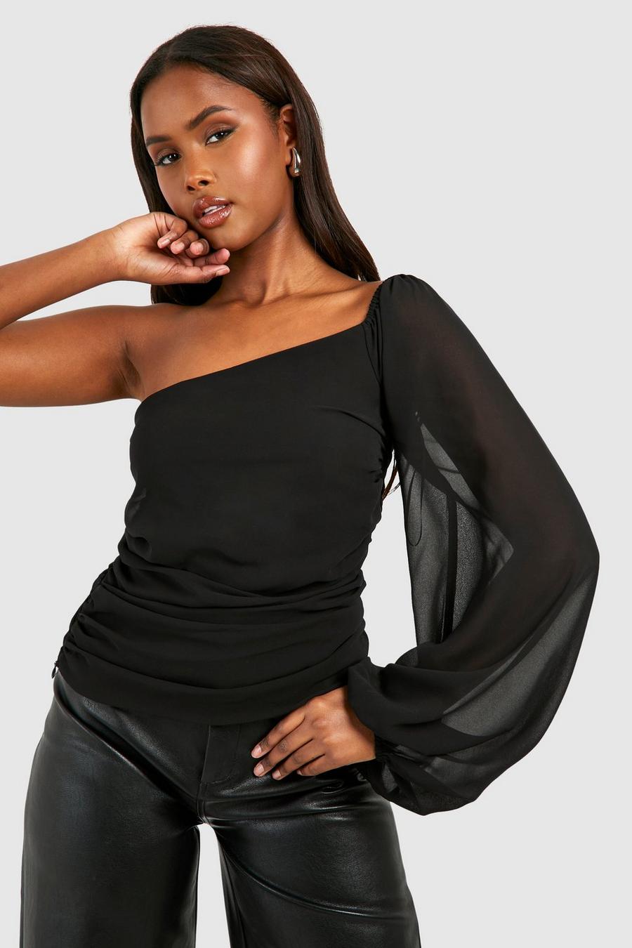 Black Chiffon Balloon Sleeve One Shoulder Top image number 1