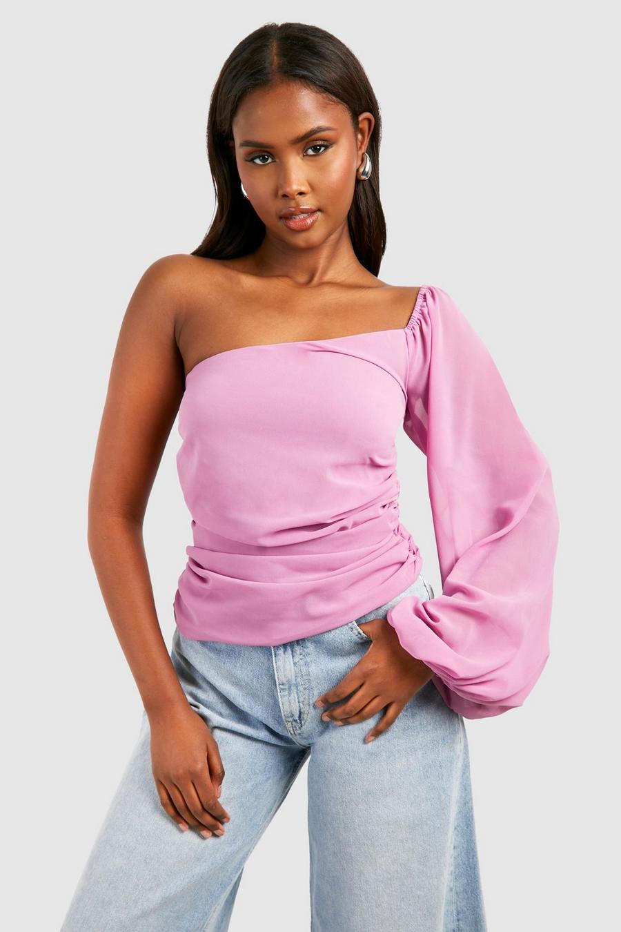 Mauve Chiffon Balloon Sleeve One Shoulder Top image number 1