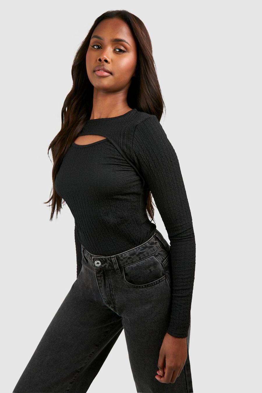 Black Crinkle Textured Cut Out Detail Bodysuit  image number 1