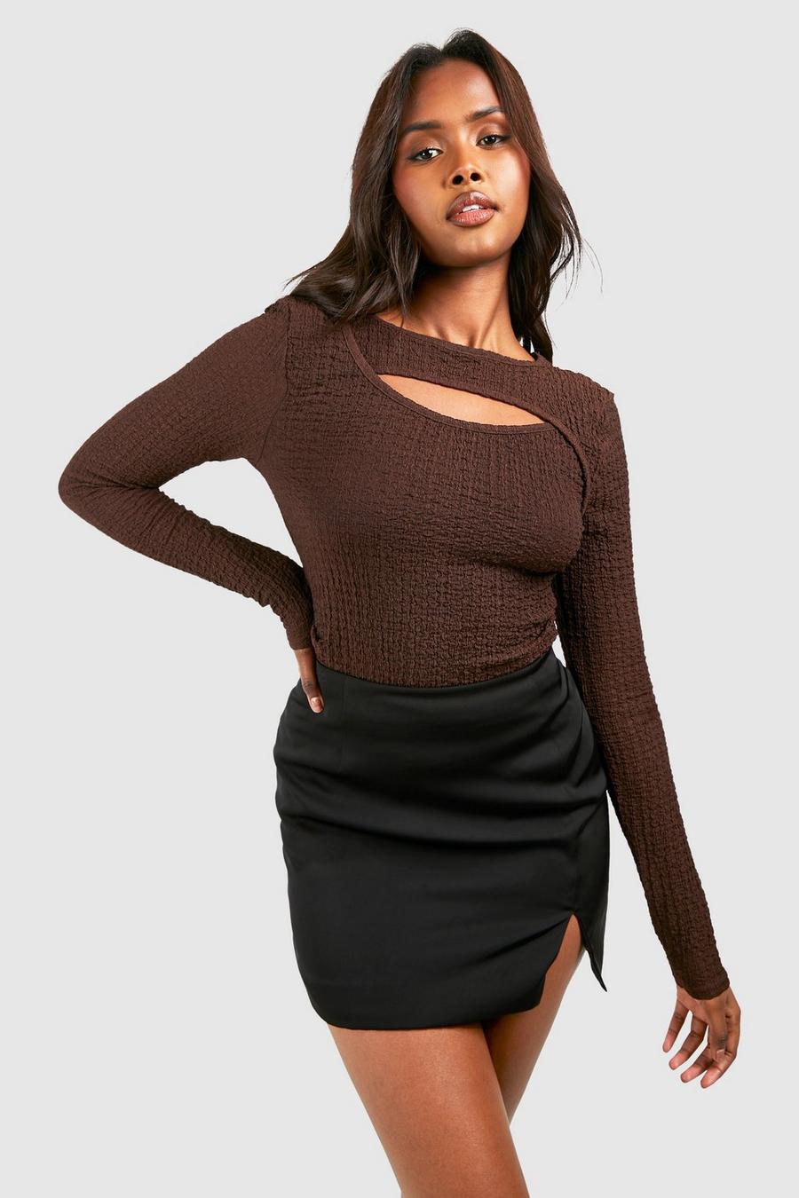 Chocolate Crinkle Textured Cut Out Detail Bodysuit 