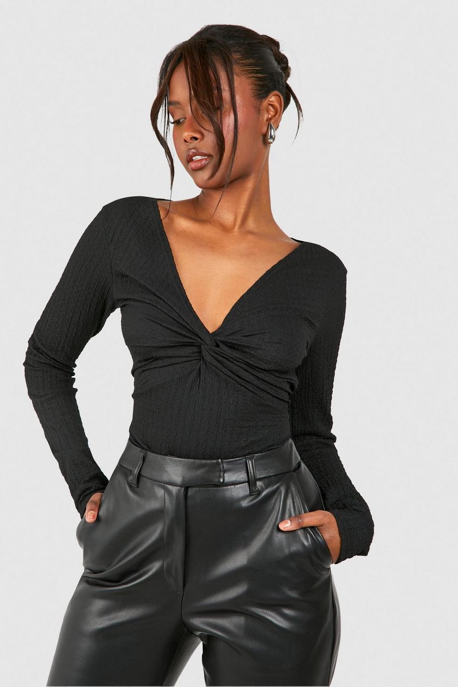 Black Crinkle Textured Knot Front Bodysuit  image number 1