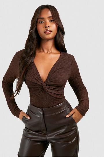 Crinkle Textured Knot Front Bodysuit chocolate