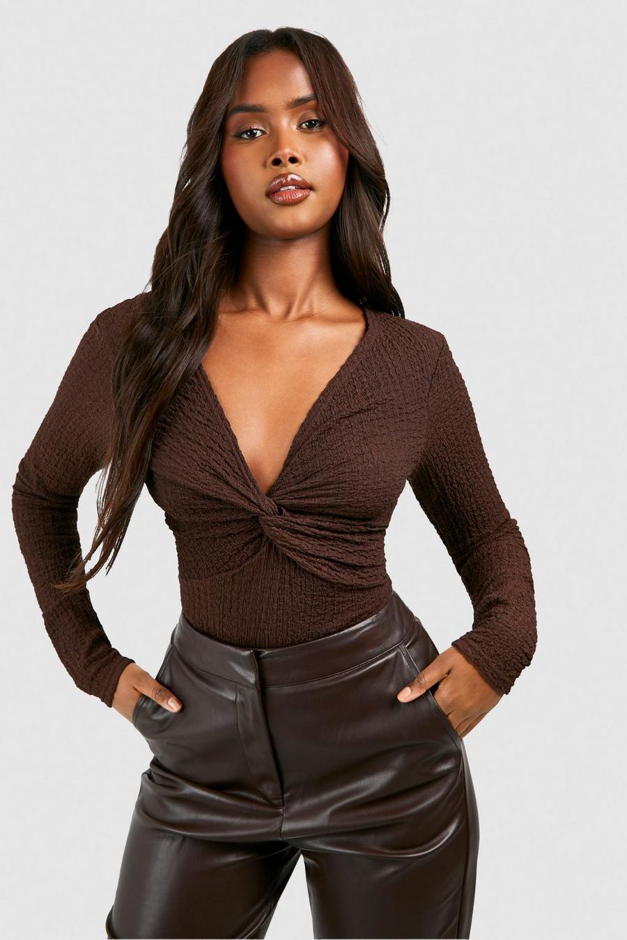 Chocolate Crinkle Textured Knot Front Bodysuit  image number 1
