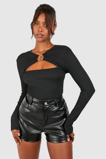 Black Textured Ring Detail Cut Out Long Sleeve Top