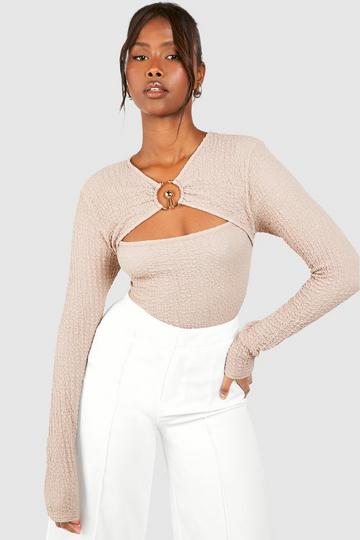 Top Met Textuur, Ring Detail, Uitsnijding En Lange Mouwen stone
