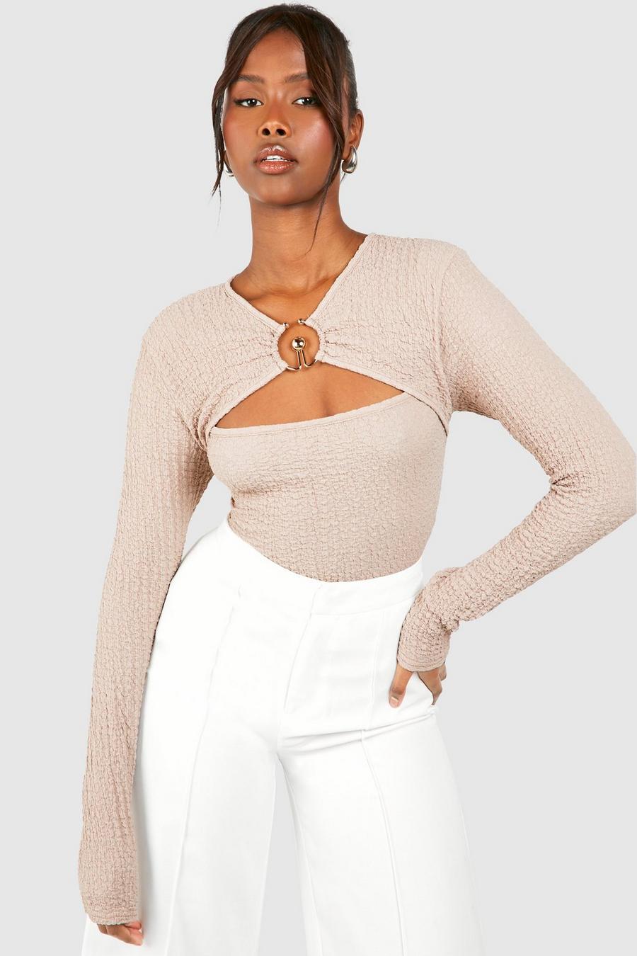 Stone Textured Ring Detail Cut Out Long Sleeve Top