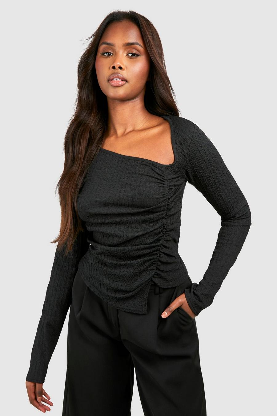 Black Textured Ruched Long Sleeve Top