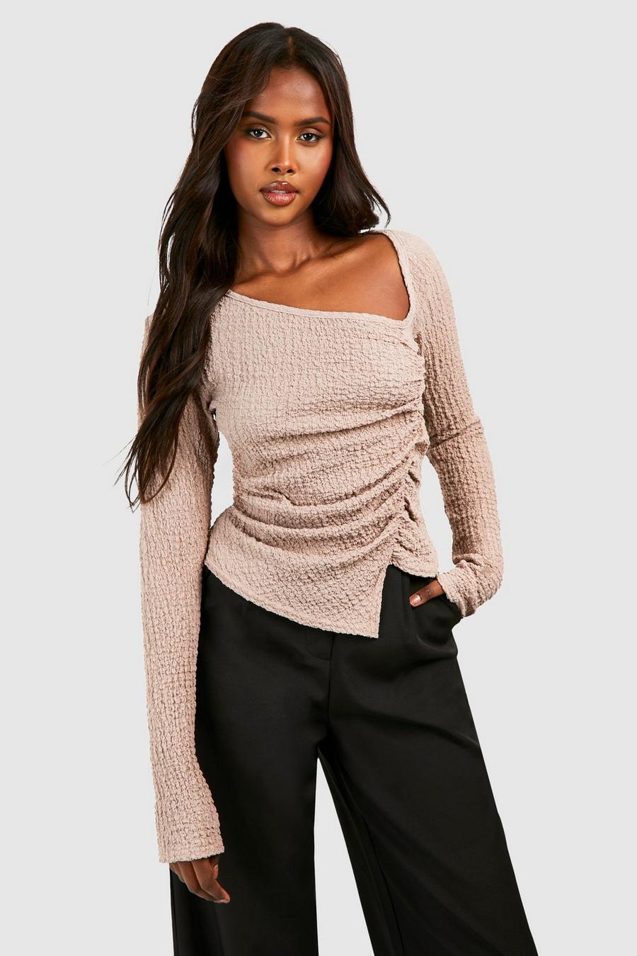 Taupe Textured Ruched Long Sleeve Top image number 1