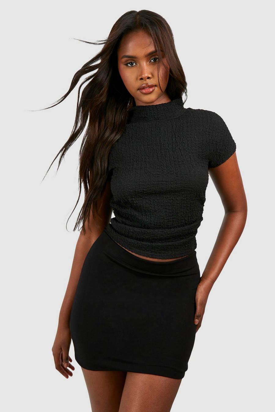 Black Textured High Neck Ruched Cap Sleeve Top