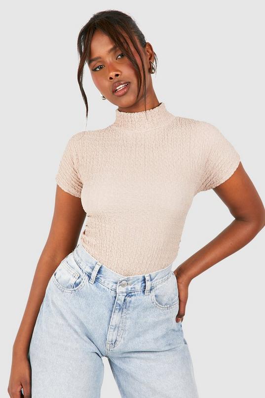 Textured High Neck Ruched Cap Sleeve Top