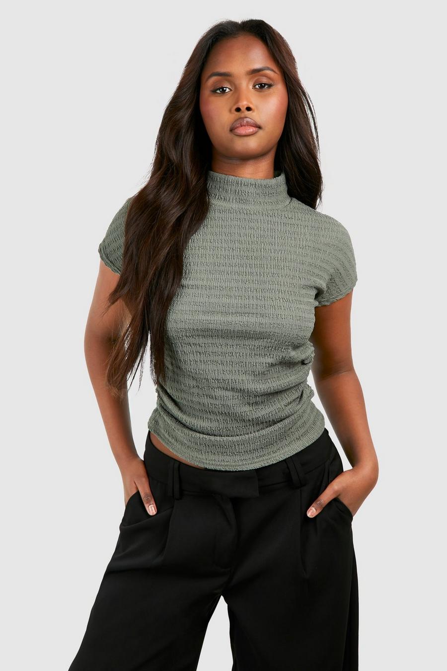 Washed khaki Textured High Neck Ruched Cap Sleeve Top