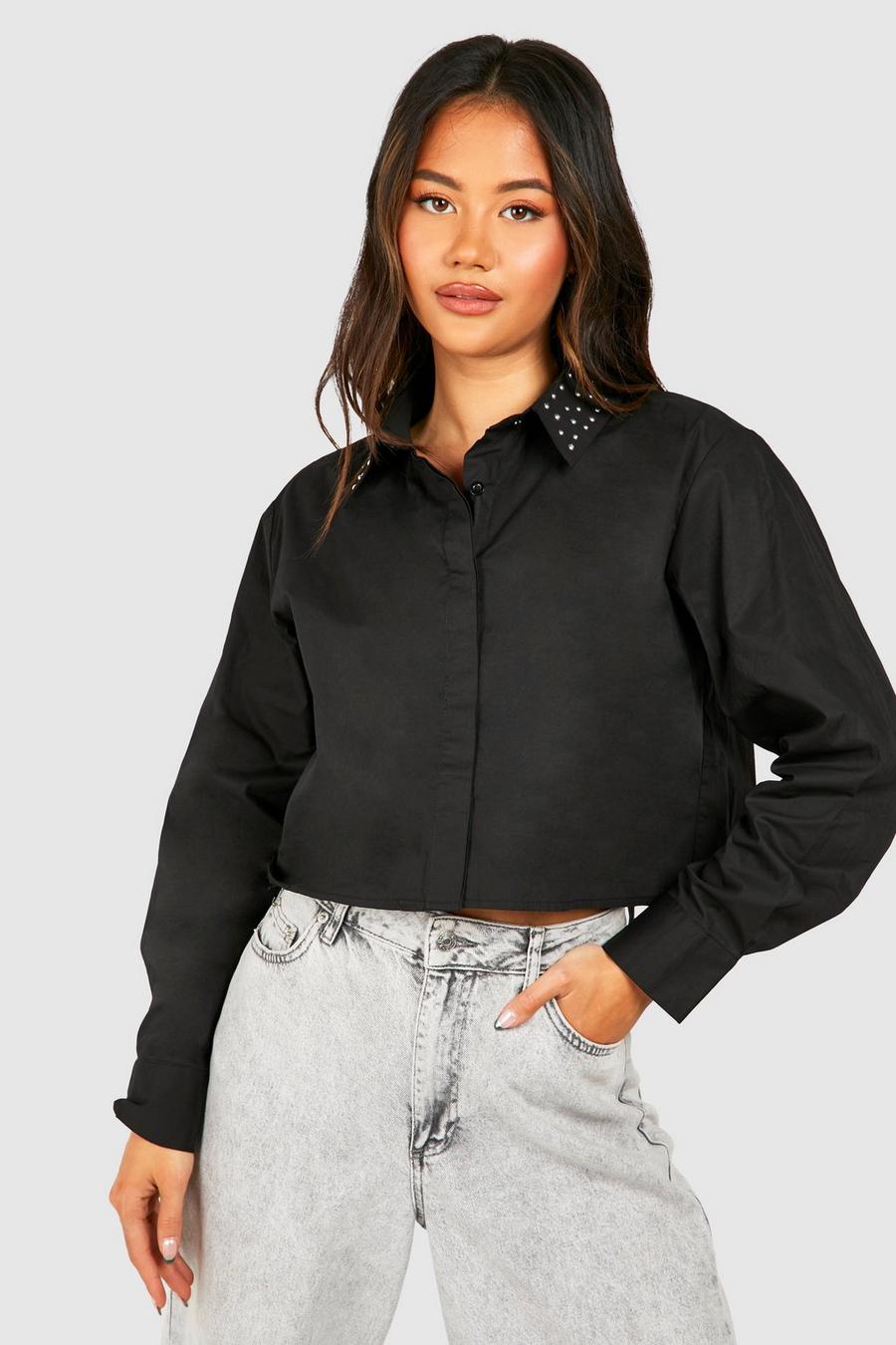 Camicia in popeline con colletto e borchie, Black image number 1