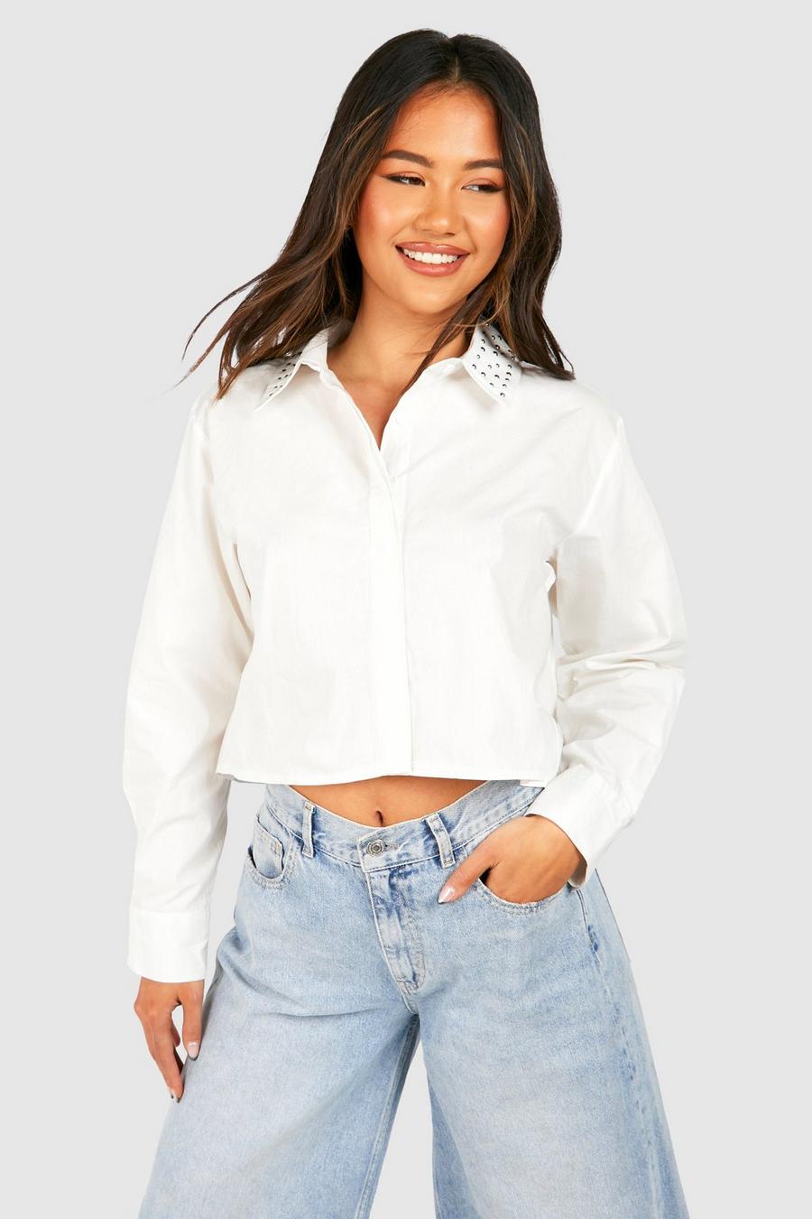 Camicia in popeline con colletto e borchie, White image number 1