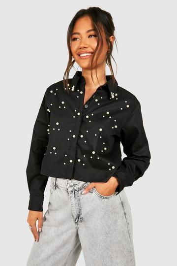 Pearl Embellished Poplin Shirt black