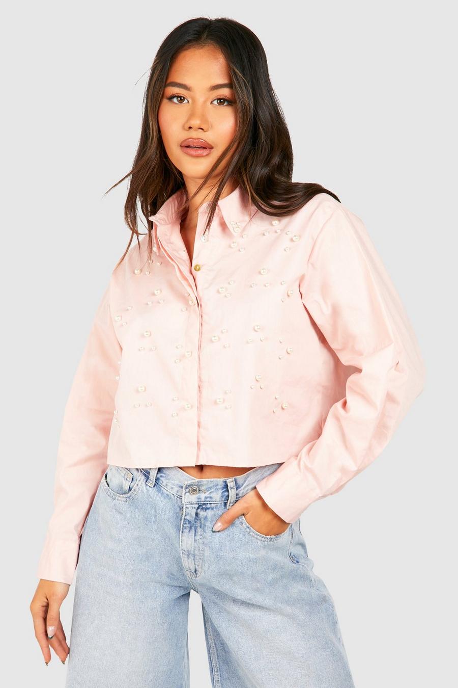 Camicia in popeline decorata con perle, Light pink image number 1