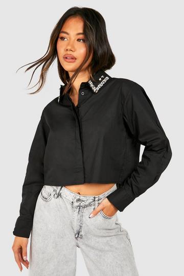 Embellished Diamante Collar Poplin Shirt black