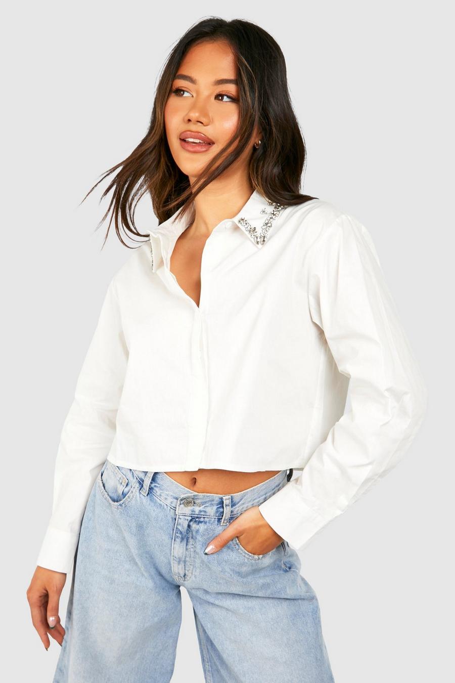 Camicia in popeline decorata con strass e colletto, White image number 1