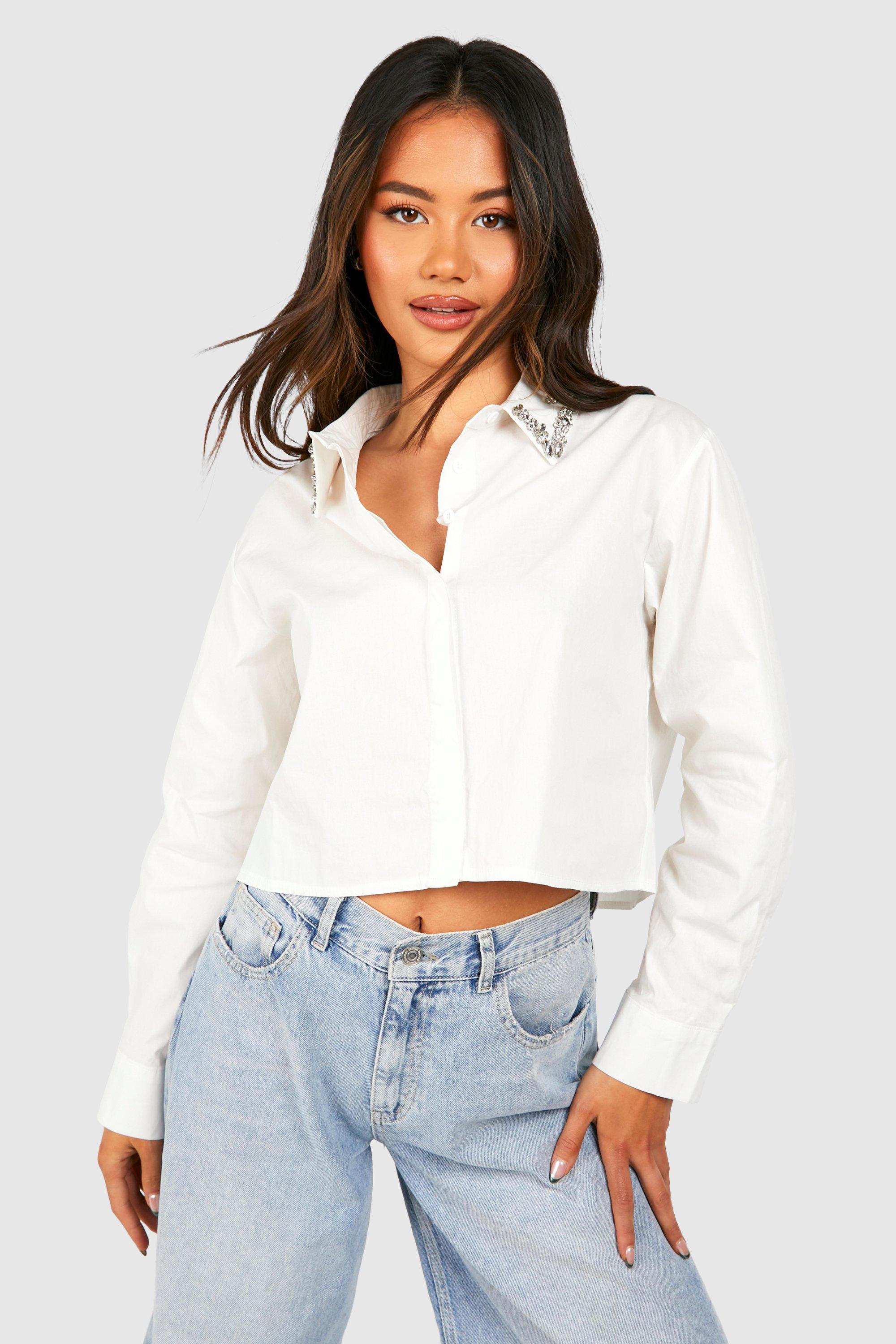 Embellished Diamante Collar Poplin Shirt | boohoo