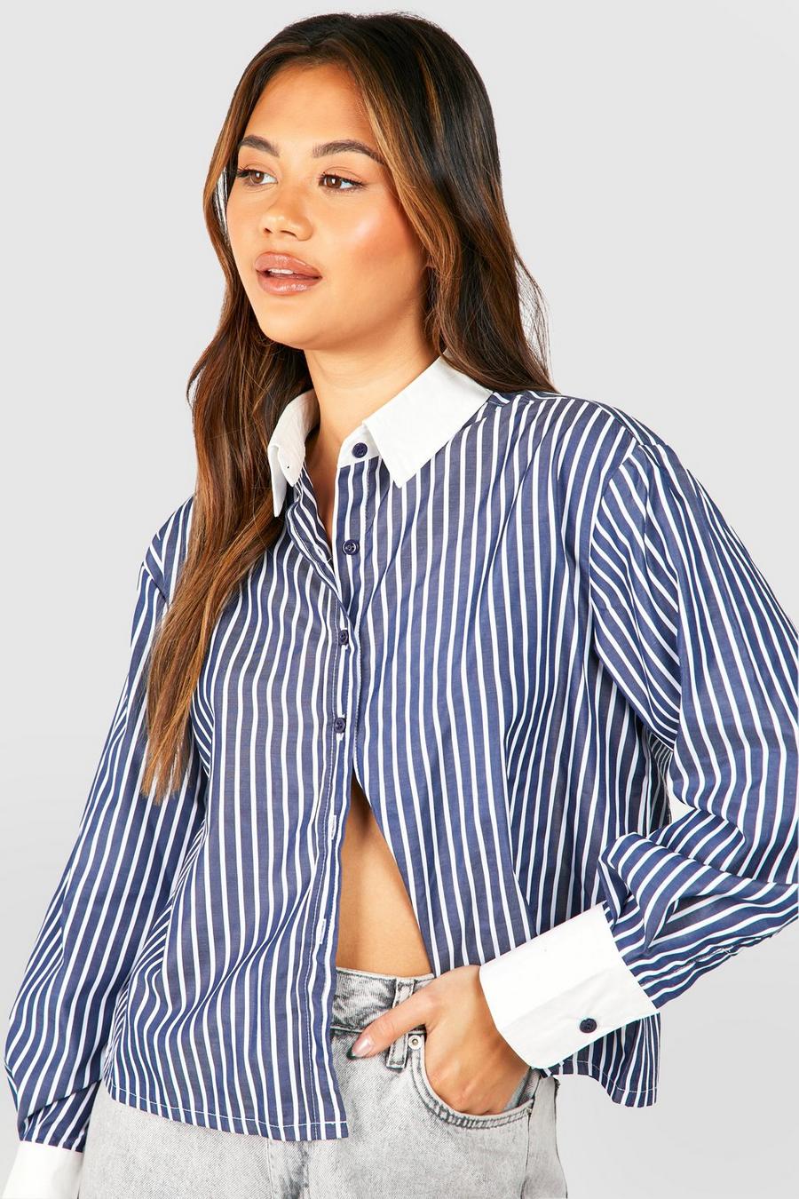Blue Contrast Stripe Boxy Shirt  image number 1
