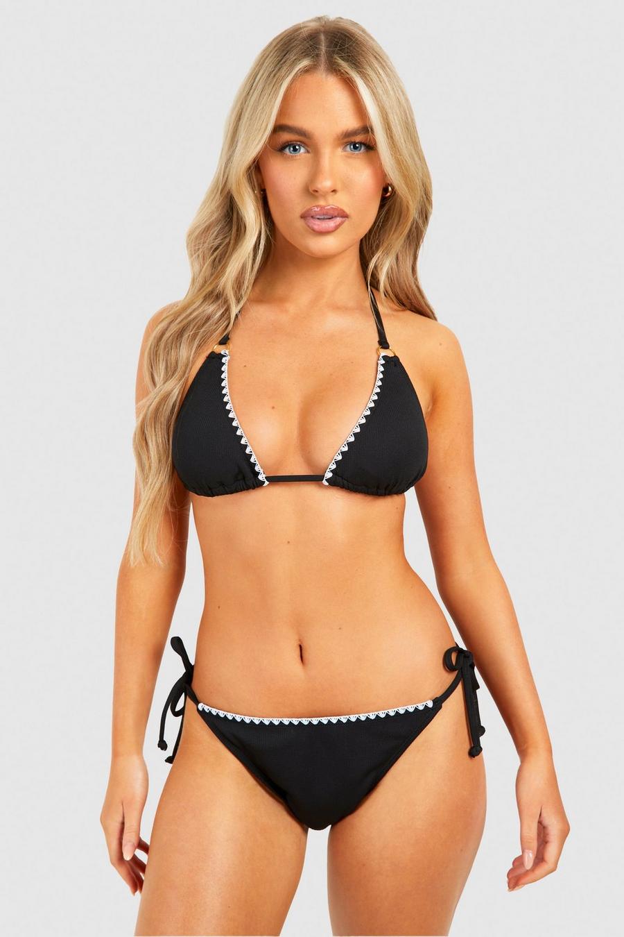 Black Geribbelde Driehoekige Bikini Set Met Contrasterende Zoom
