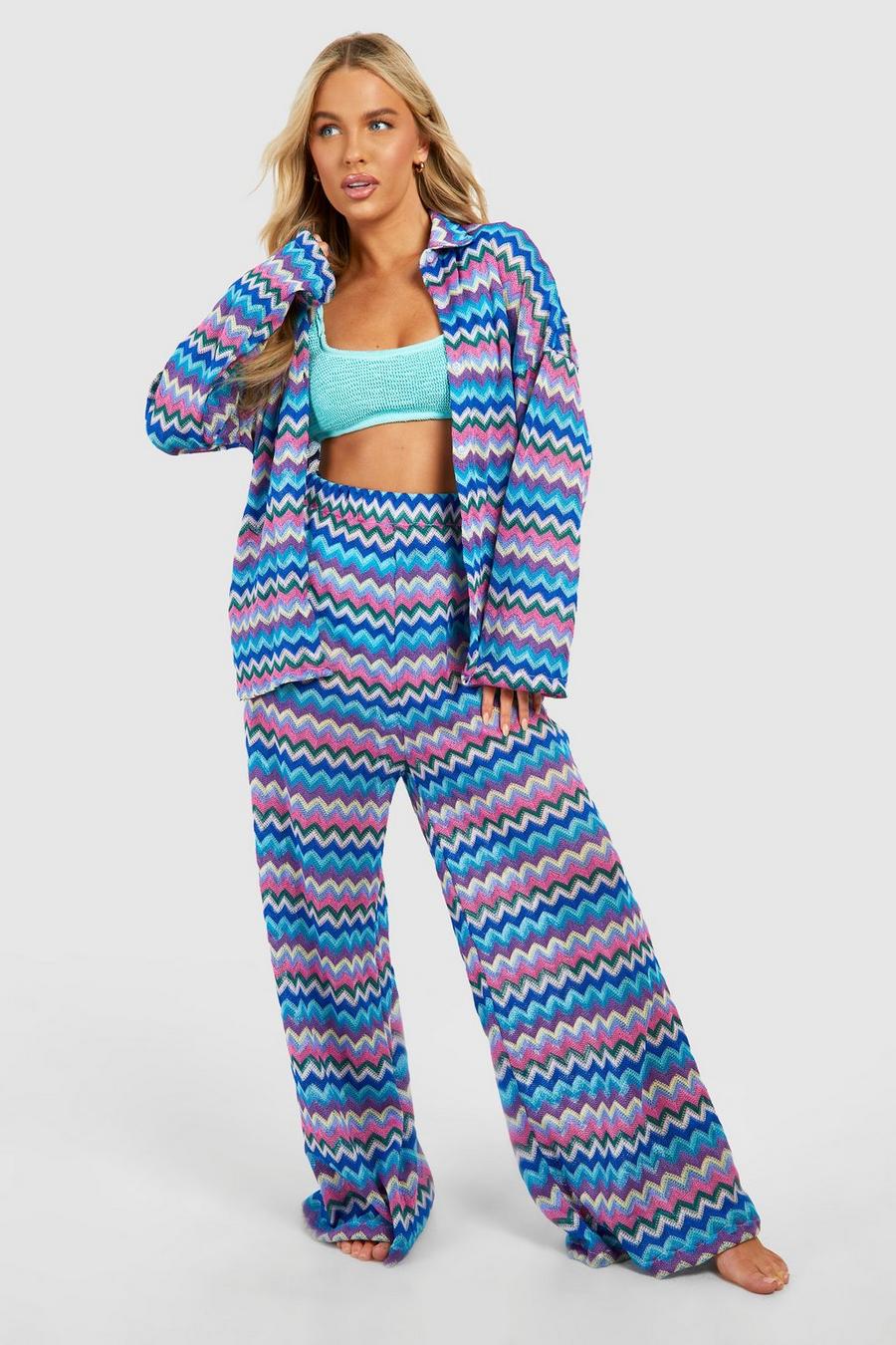 Blue Zig Zag Knitted Wide Leg Beach Pants image number 1