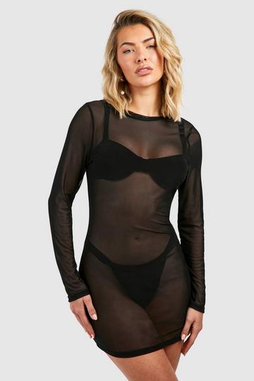 Black Mesh Long Sleeve Beach Mini Dress