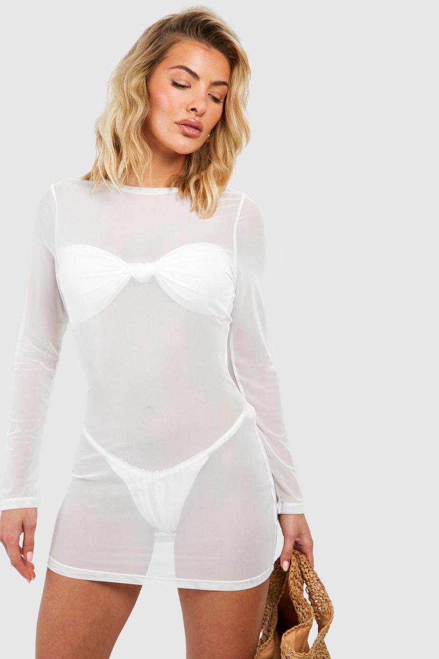 White Långärmad kort strandklänning i mesh
