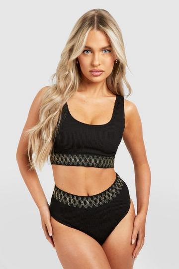 Embroidered Tape Crinkle Scoop Bikini Top black