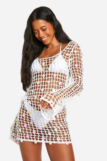 White Crochet Disk Sequin Beach Mini Dress