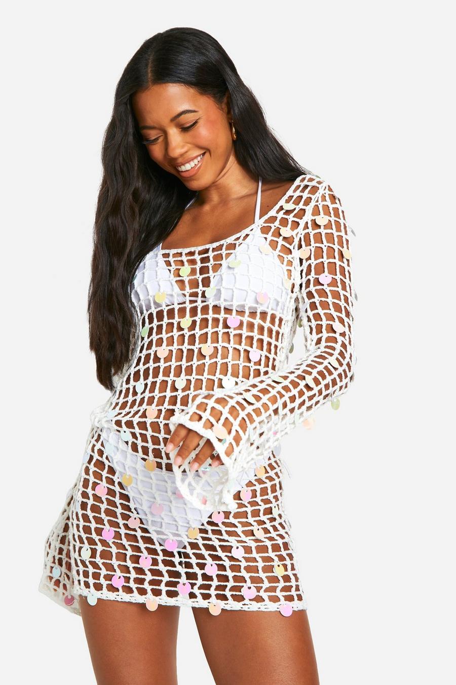White Crochet Disk Sequin Beach Mini Dress image number 1