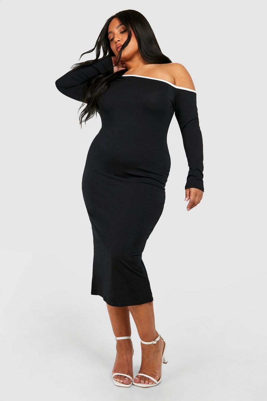 Black Plus Cotton Elastance Contrast Off Shoulder Midi Dress