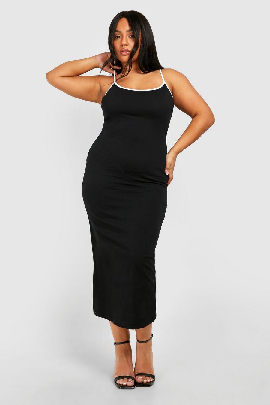 Black Plus Cotton Elastane Contrast Strappy Midaxi Dress image number 1