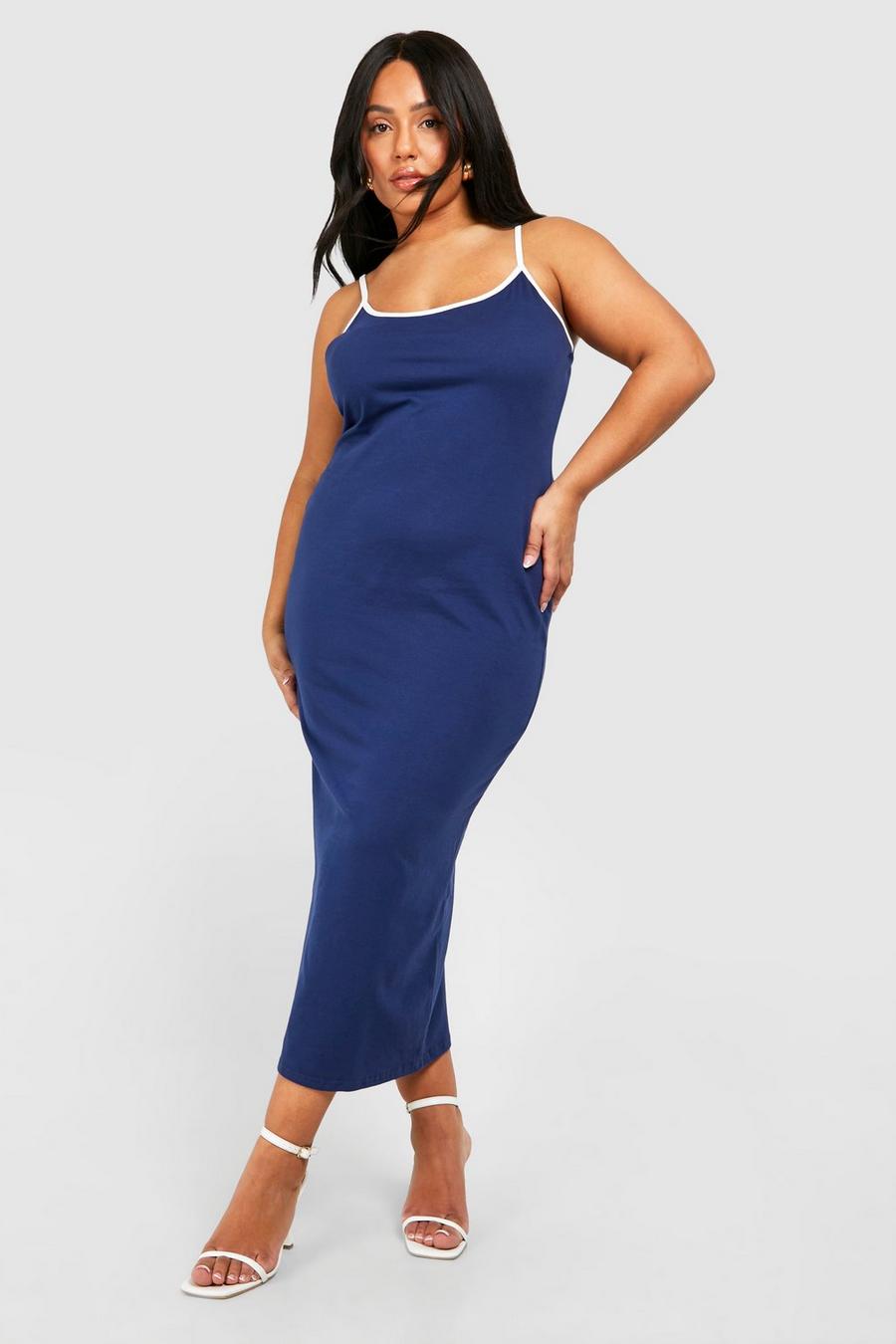 Navy Plus Cotton Elastane Contrast Strappy Midaxi Dress image number 1