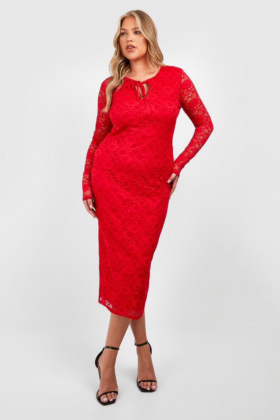 Vestito longuette Plus Size in pizzo con intaglio sullo scollo, Red image number 1