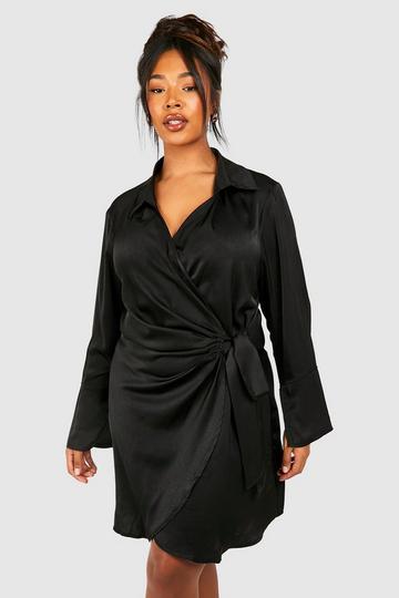 Black Plus Satin Wrap Shirt Dress