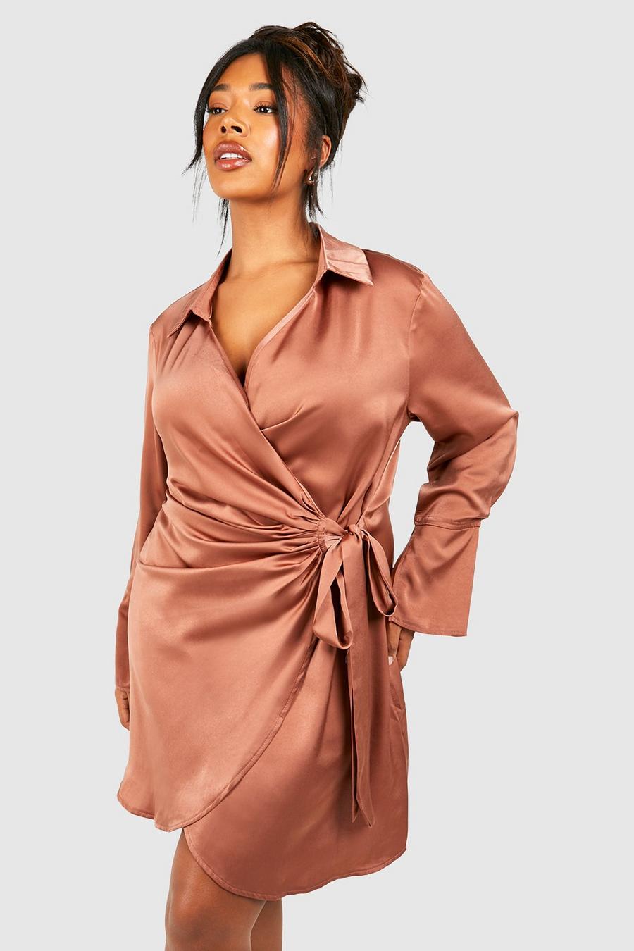 Chocolate Plus Satin Wrap Shirt Dress