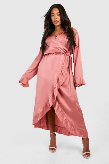 Rose Pink Plus Floral Ruffle Wrap Dress