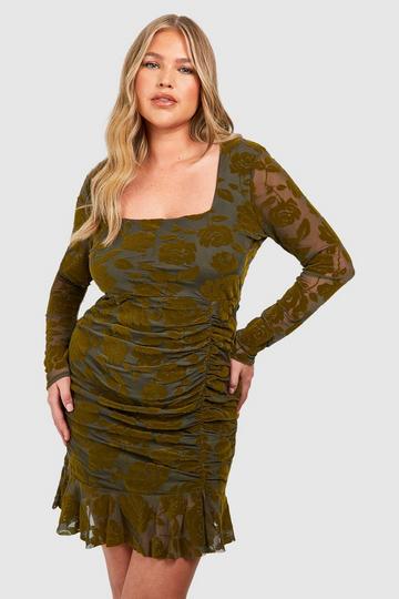 Khaki Plus Devore Ruched Bodycon Dress