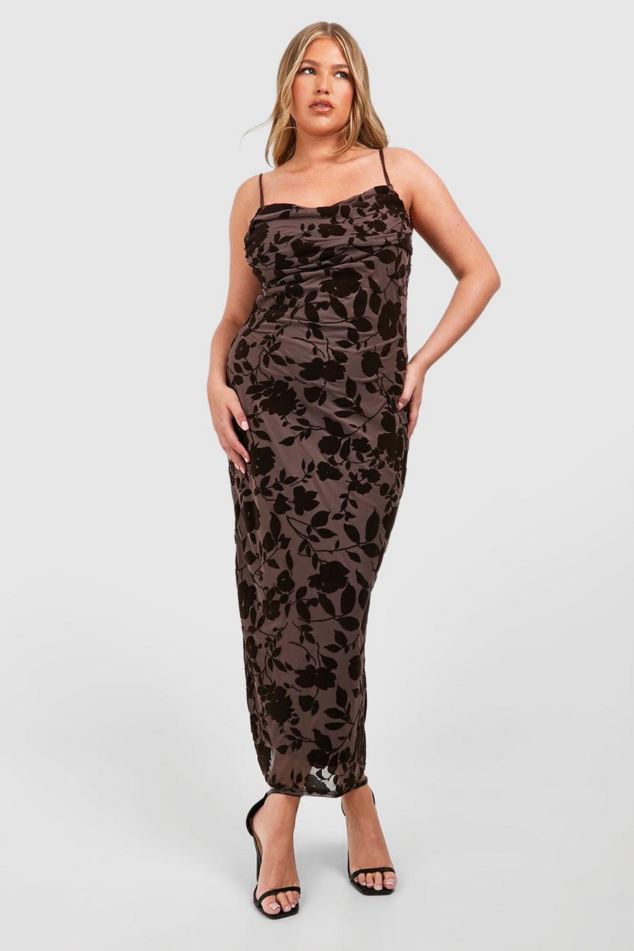 Chocolate Plus Devore Strappy Ruched Midi Dress image number 1