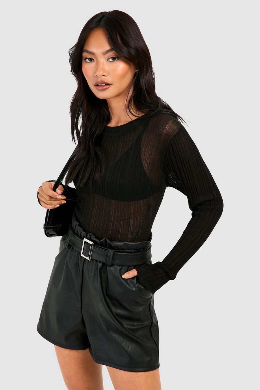 Street Style Belted Solid High Waist Leather Shorts - Black