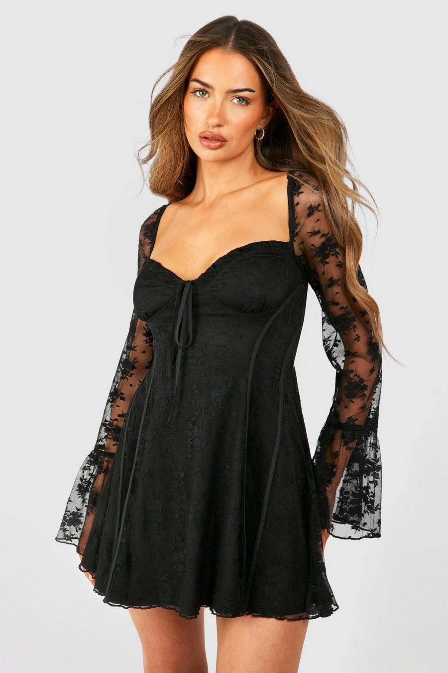 Miniabito Baby Doll in pizzo con maniche svasate, Black image number 1