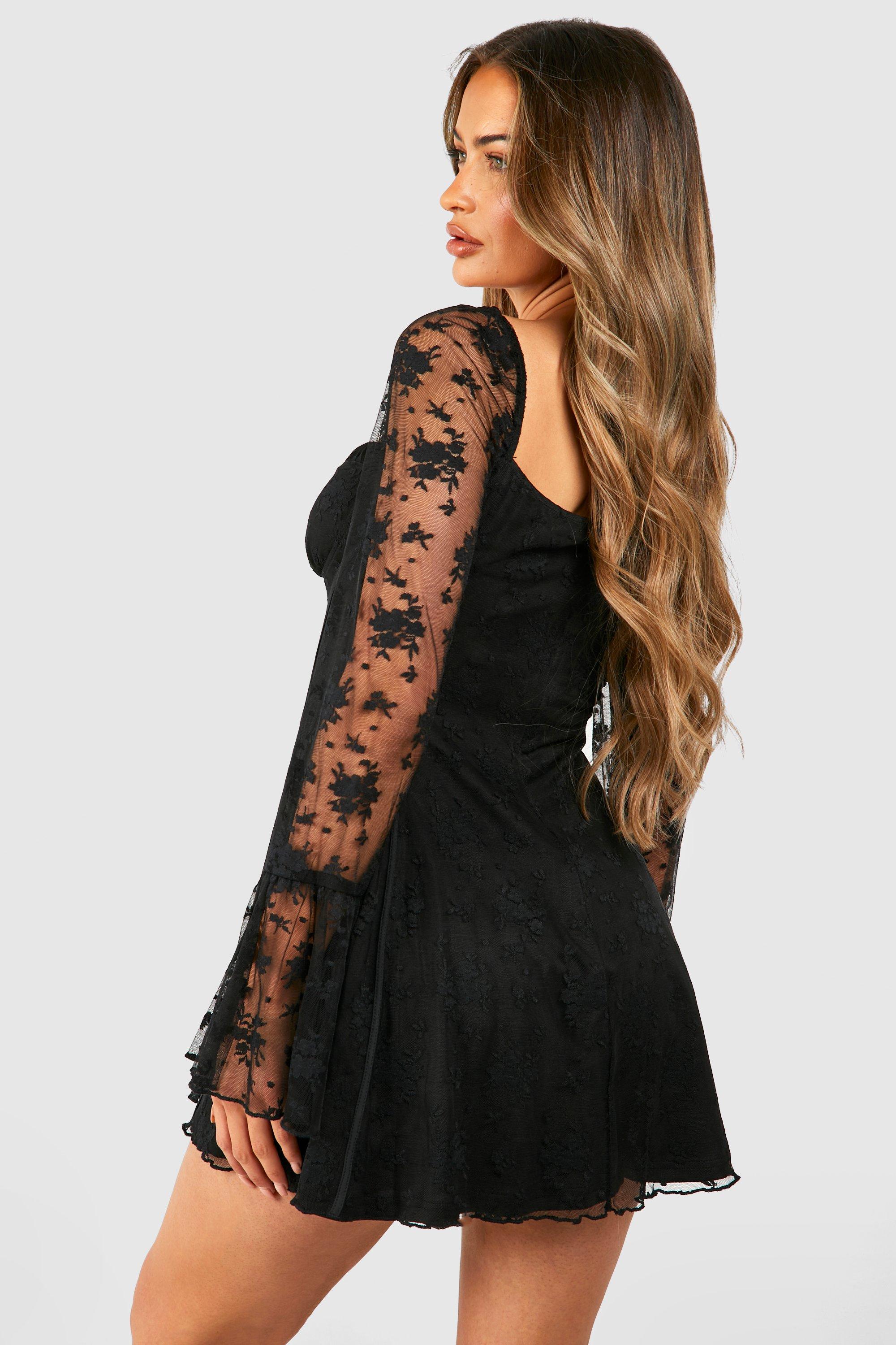 Women s Lace Baby Doll Flare Sleeve Mini Dress Boohoo UK