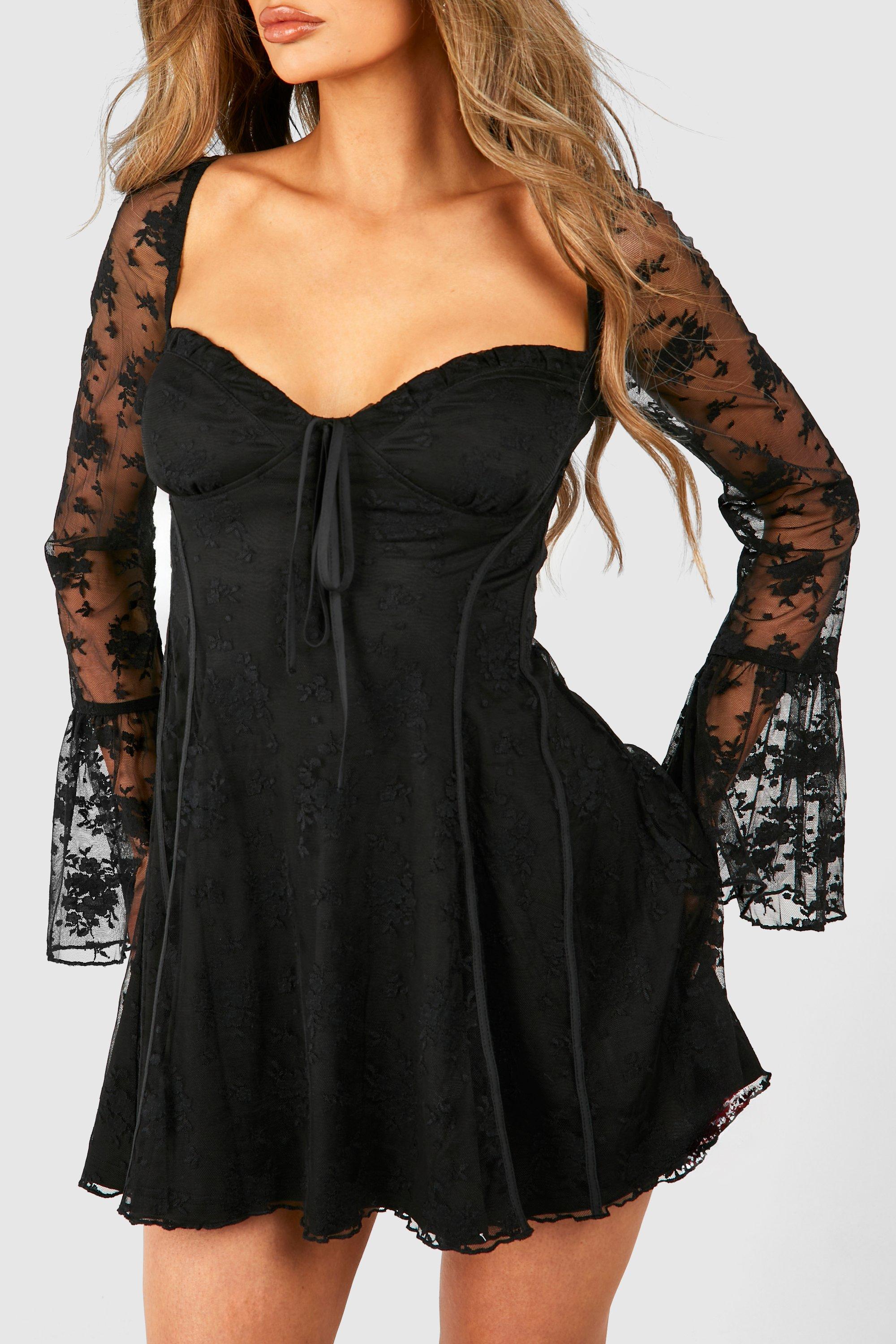 Women s Lace Baby Doll Flare Sleeve Mini Dress Boohoo UK